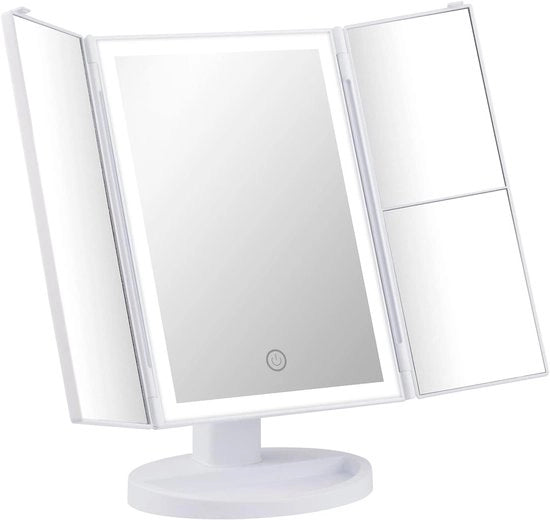 Specchio di Trucco con Luce Triple LED con Amplificazione 1X/2X/3X Specchio da Toilette 180° Rotativo Interruttore a Tasto Doppia Alimentazione Bianco - GF1001W