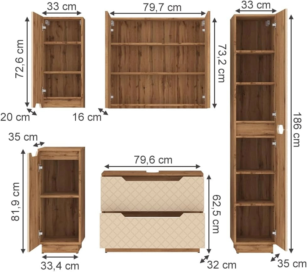 Set di mobili da bagno Lotta, Rovere/cashmere con struttura in piastrelle, 5 parti