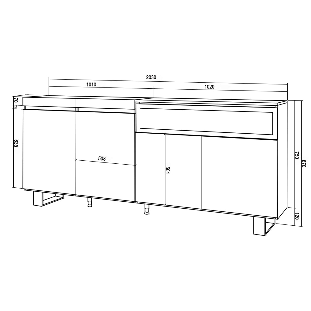 Credenza, Mobile, 200x35x87cm, 4 Porte, Camino elettrico, Design industriale, Bianco e nero RF2398