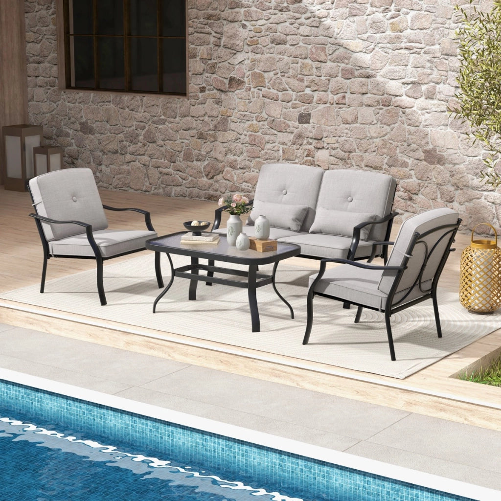 Set di mobili da giardino 4 pezzi con tavolino in vetro temperato, Set panchina sedie e tavolino in metallo Grigio-Set mobili da esterno