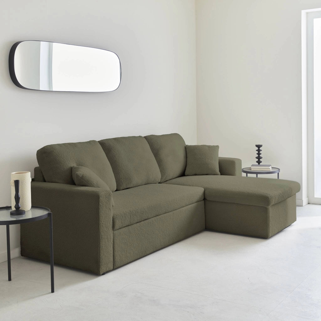 Divano letto angolare reversibile in bouclé, 3 posti, verde kaki