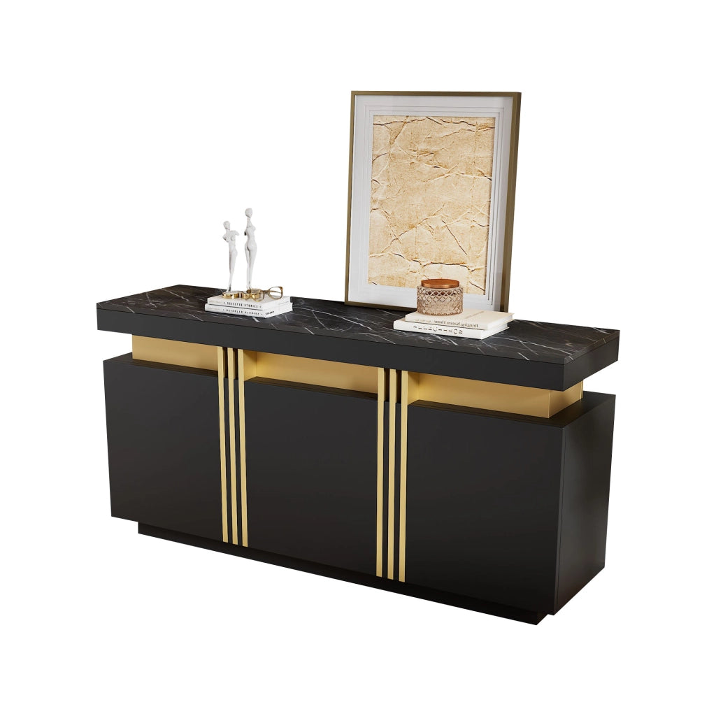 Credenza moderna nera 140x38x70 cm con 3 ante, 6 vani e ripiani regolabili