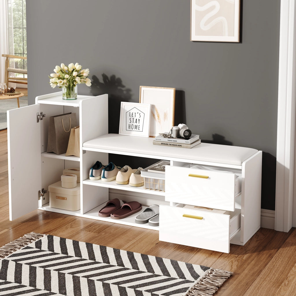 Scarpiera salvaspazio 128x30x68 cm con 2 cassetti; 1 anta e seduta imbottita; bianco lucido