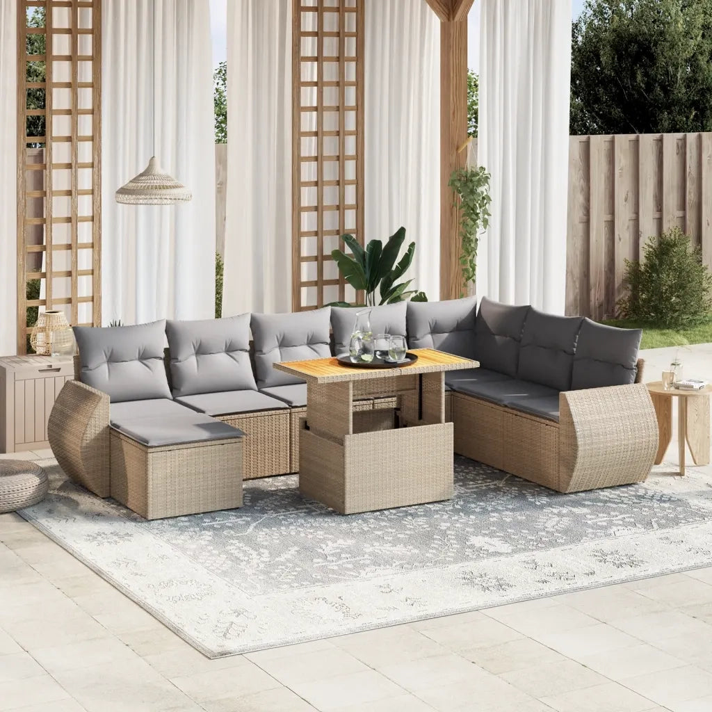 Set Divano da Giardino 9 pz con Cuscini Beige in Polyrattan