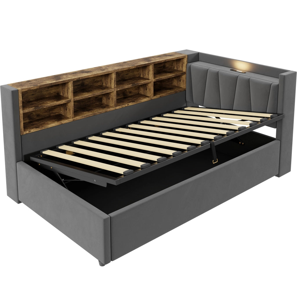 Letto imbottito 90x200 cm; testiera multifunzione con luce e porte USB e Type C; velluto; grigio