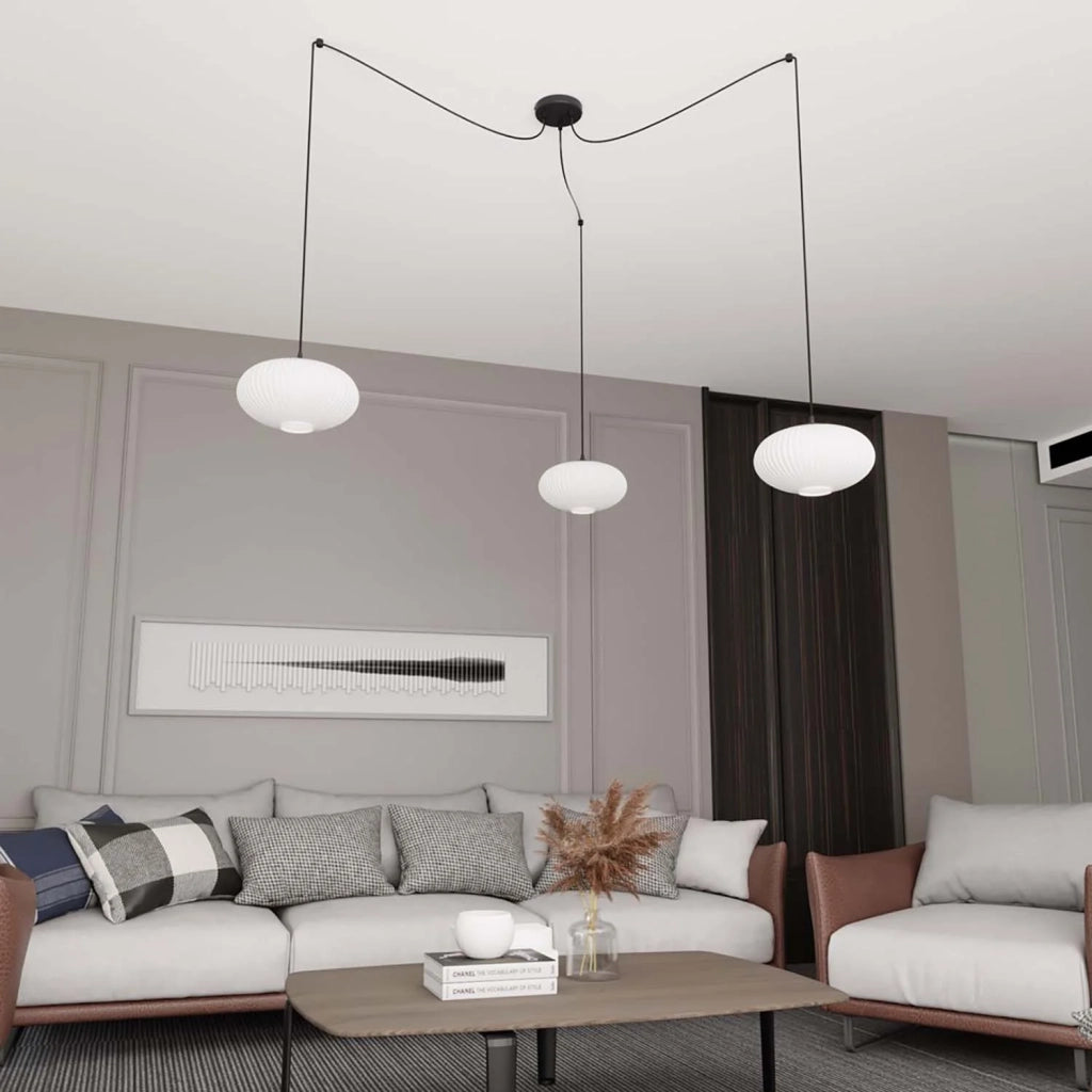 Lampadario 3 Luci Elios In Acciaio Nero Paralume Plissettato Bianco
