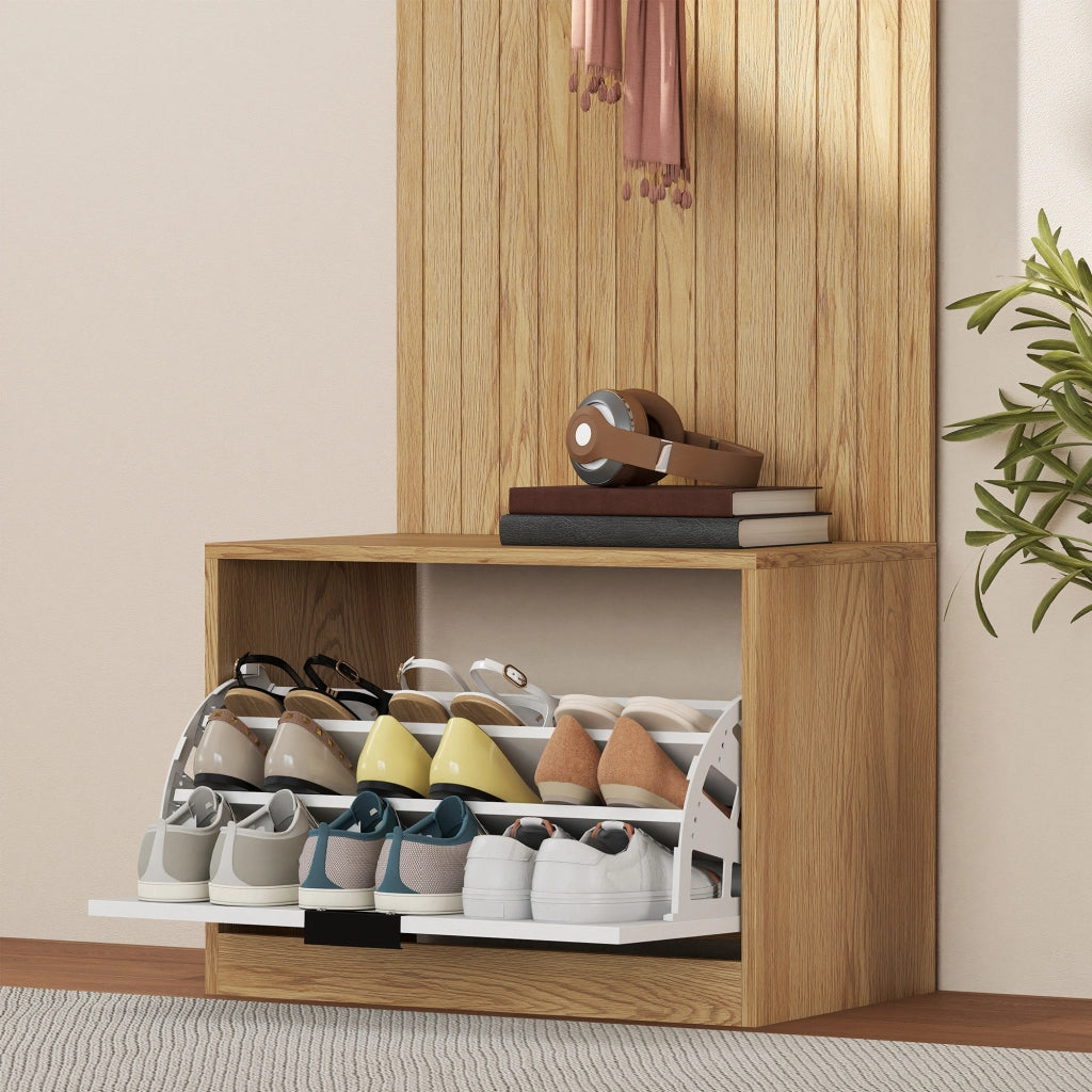 Mobile da Ingresso 60x30x170 cm con Panca Scarpiera e Appendiabiti con 4 Ganci in MDF e Metallo Rovere e Bianco