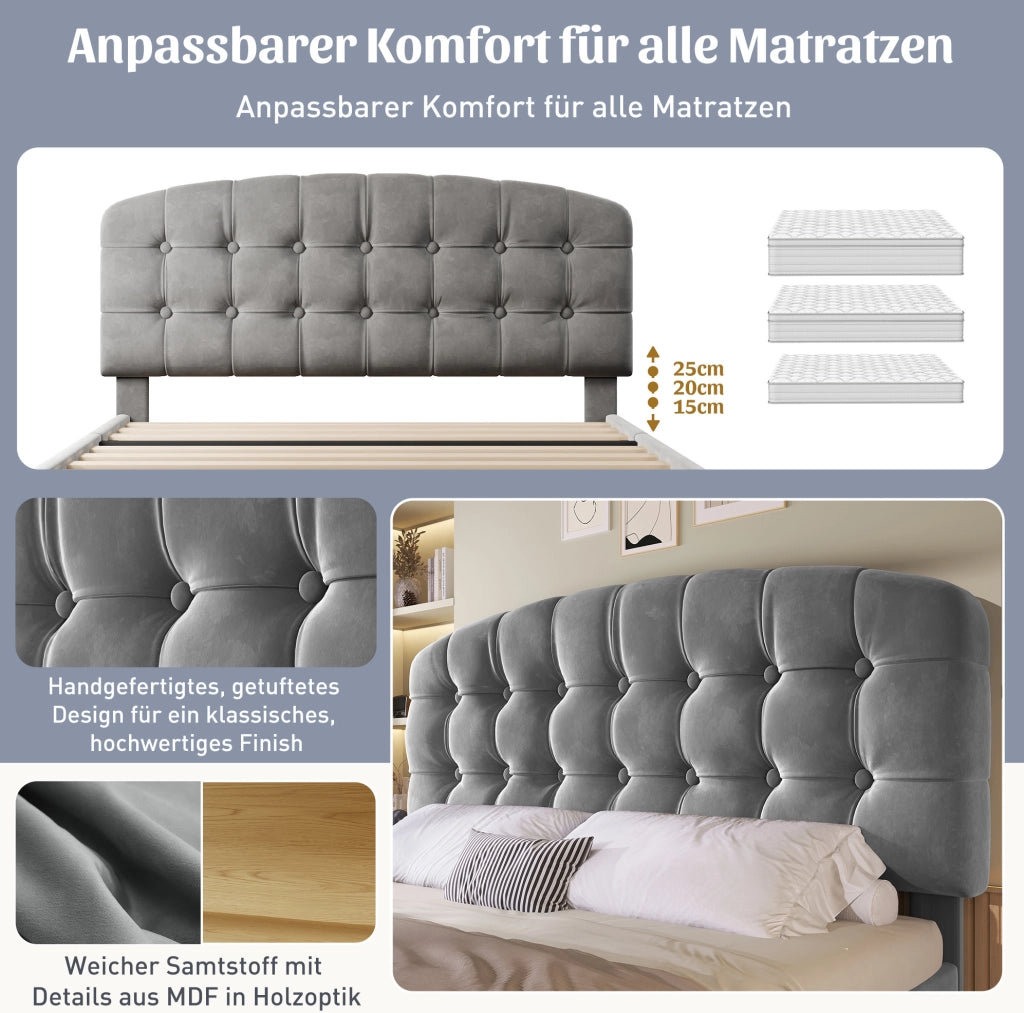 Letto imbottito grigio 140 x 190 cm con testiera regolabile e contenitori