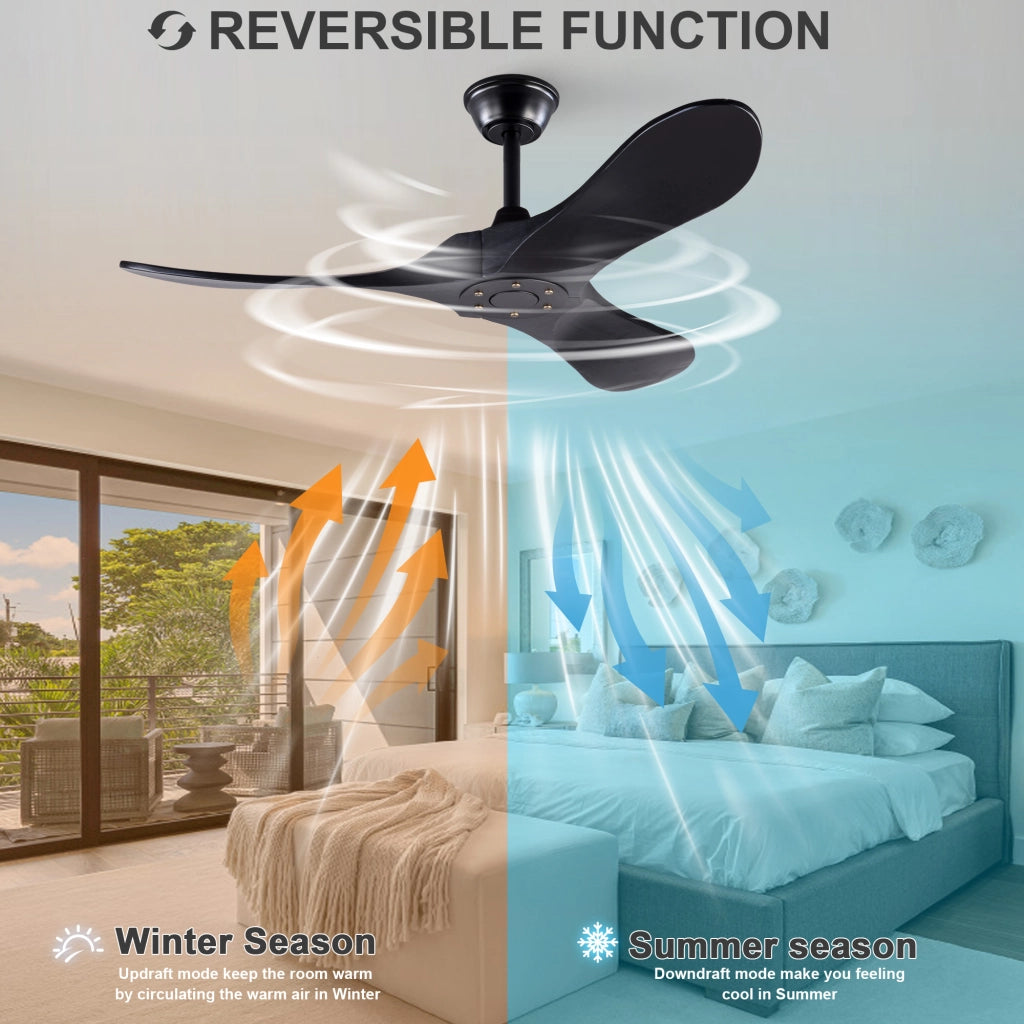 Ventilatore da soffitto nero design moderno 52 pollici, 3 pale legno massello, senza illuminazione, motore DC reversibile silenzioso