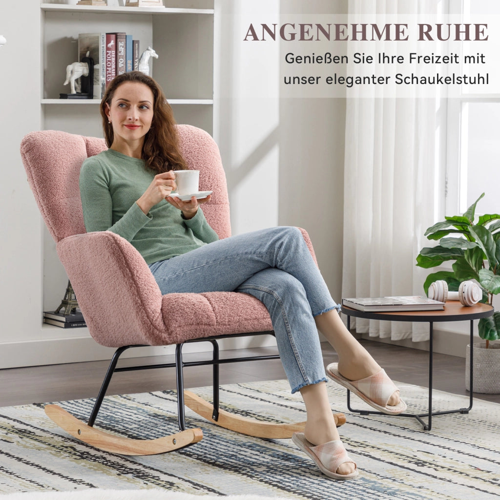 OKWISH Sedia a Dondolo, Schienale Alto Ergonomico e Braccioli Imbottiti, Base Silenziosa, Tessuto Teddy, Rosa