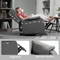 Poltrona Reclinabile con Poggiapiedi, in Tessuto Effetto Lino, Legno e Metallo, 77x91x106 cm, Grigio Scuro