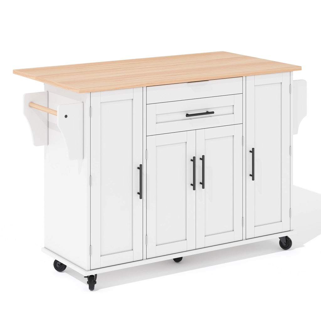 Carrello cucina mobile con piano estraibile 120×45 cm, 2 cassetti, ripiani regolabili e ruote frenanti