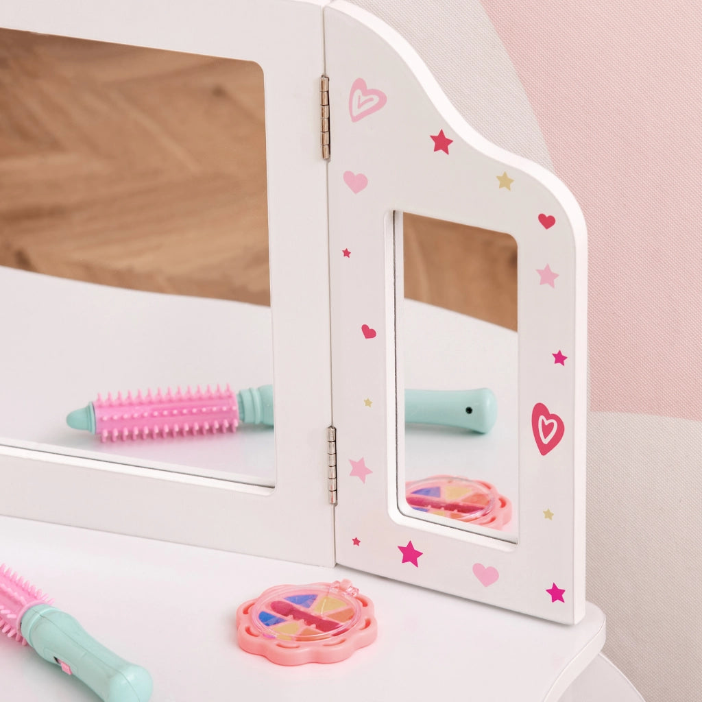 EasyComfort Toeletta per Bambini con Sgabello, Tavolo Trucco con Triplo Specchio e Cassetto, 63x40x85.5cm, Bianco