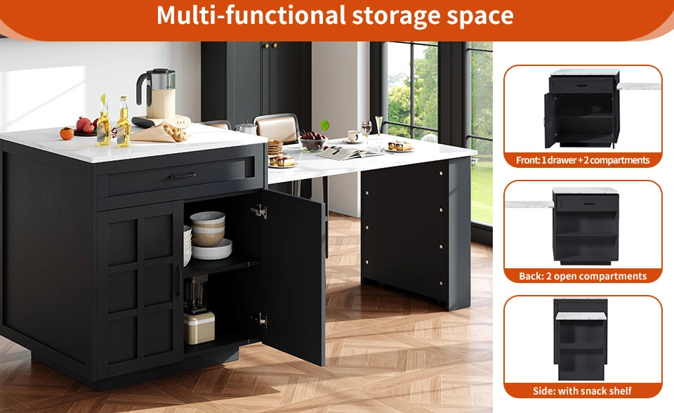 Tavolo Bar Estensibile con Ripiani e Cassetti, Cucina Isola da 133 a 202 cm, MDF Nero, Per 2-6 Persone