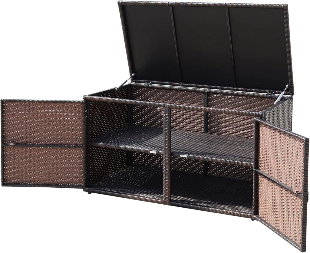 Cassapanca Contenitore da Esterno da 330L in Rattan, Telaio in Acciaio, Baule da Giardin Resistente ai Raggi UV, Mobile Balcone Impermeabile a 2 Ripiani per Cortile, 115x60x65 cm (Marrone)