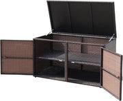 Cassapanca Contenitore da Esterno da 330L in Rattan, Telaio in Acciaio, Baule da Giardin Resistente ai Raggi UV, Mobile Balcone Impermeabile a 2 Ripiani per Cortile, 115x60x65 cm (Marrone)