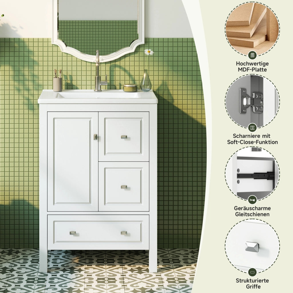 Mobile lavabo da bagno freestanding con lavabo in ceramica bianco