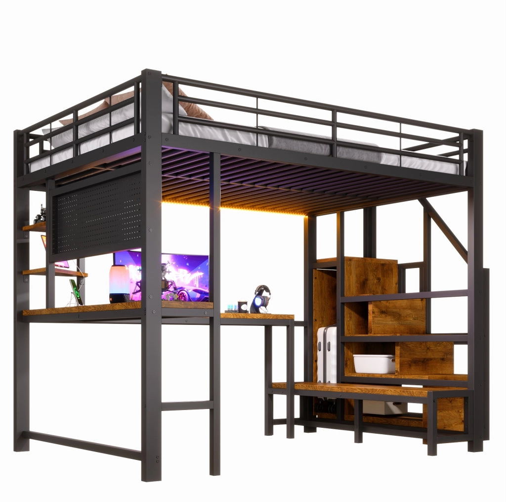 Letto a soppalco 140x200 cm con scrivania; LED; USB e USB-C; struttura in metallo e MDF; nero