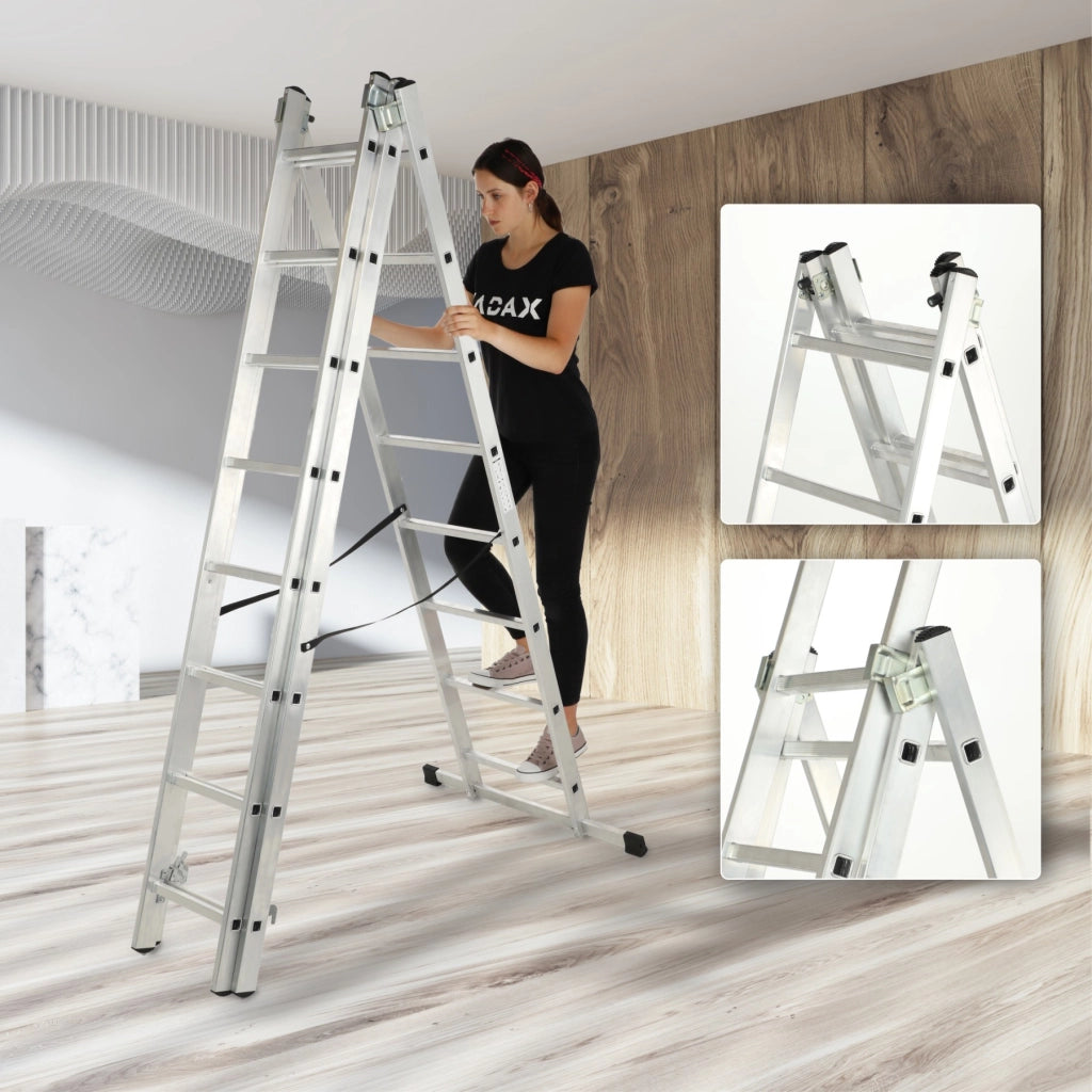 Scala universale in alluminio KADAX 3x8 pieghevole a doppia faccia, robusta + gancio