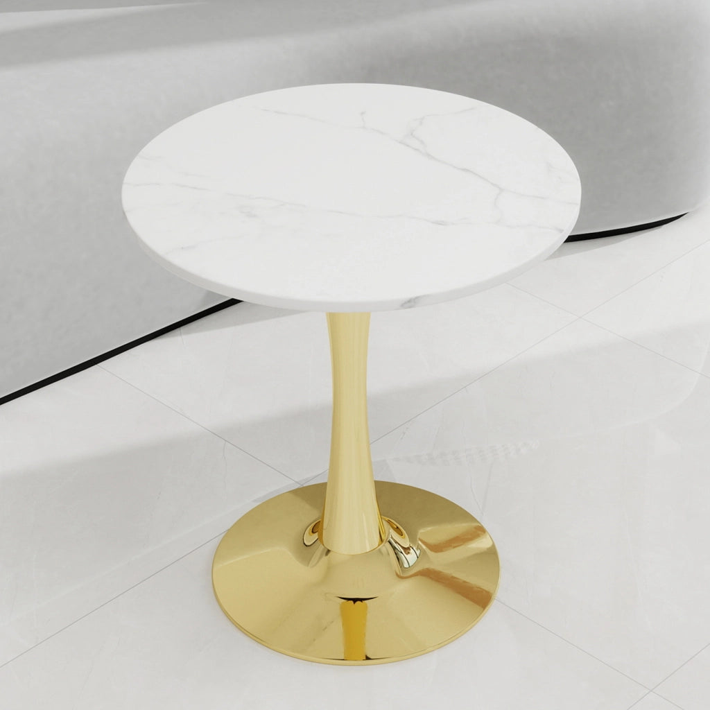 Tavolo da pranzo - rotondo 70 cm - stile mid-century - marmo venato bianco - per 2-4 persone - dorato