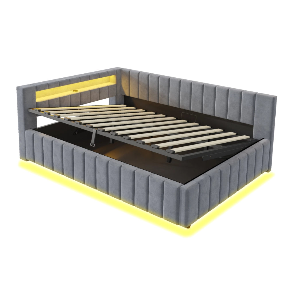 Letto matrimoniale imbottito 140x200 cm con contenitore idraulico; LED e USB; velluto grigio