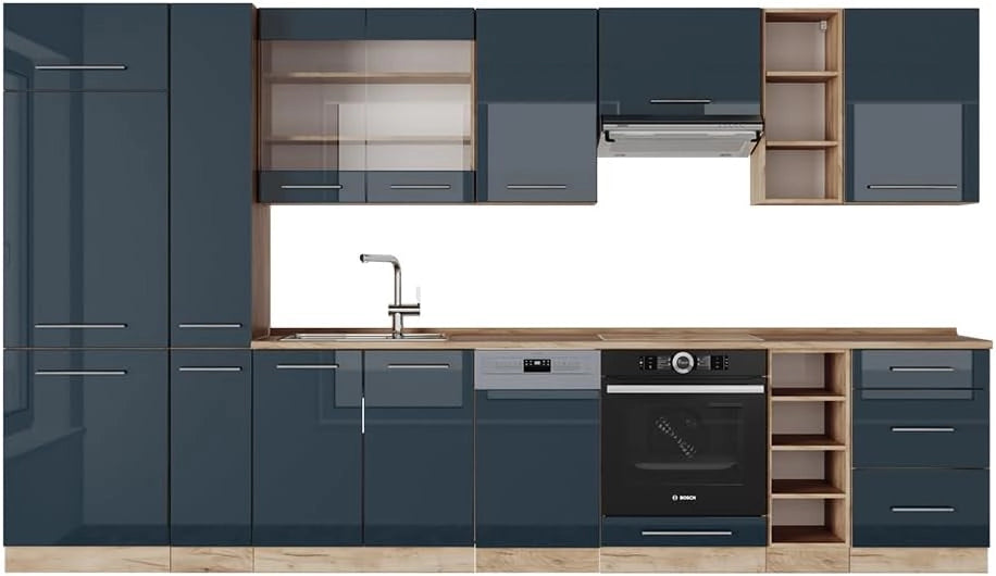 cucina componibile Fame-Line, Blu scuro lucido/rovere dorato, 355 cm senza piano di lavoro