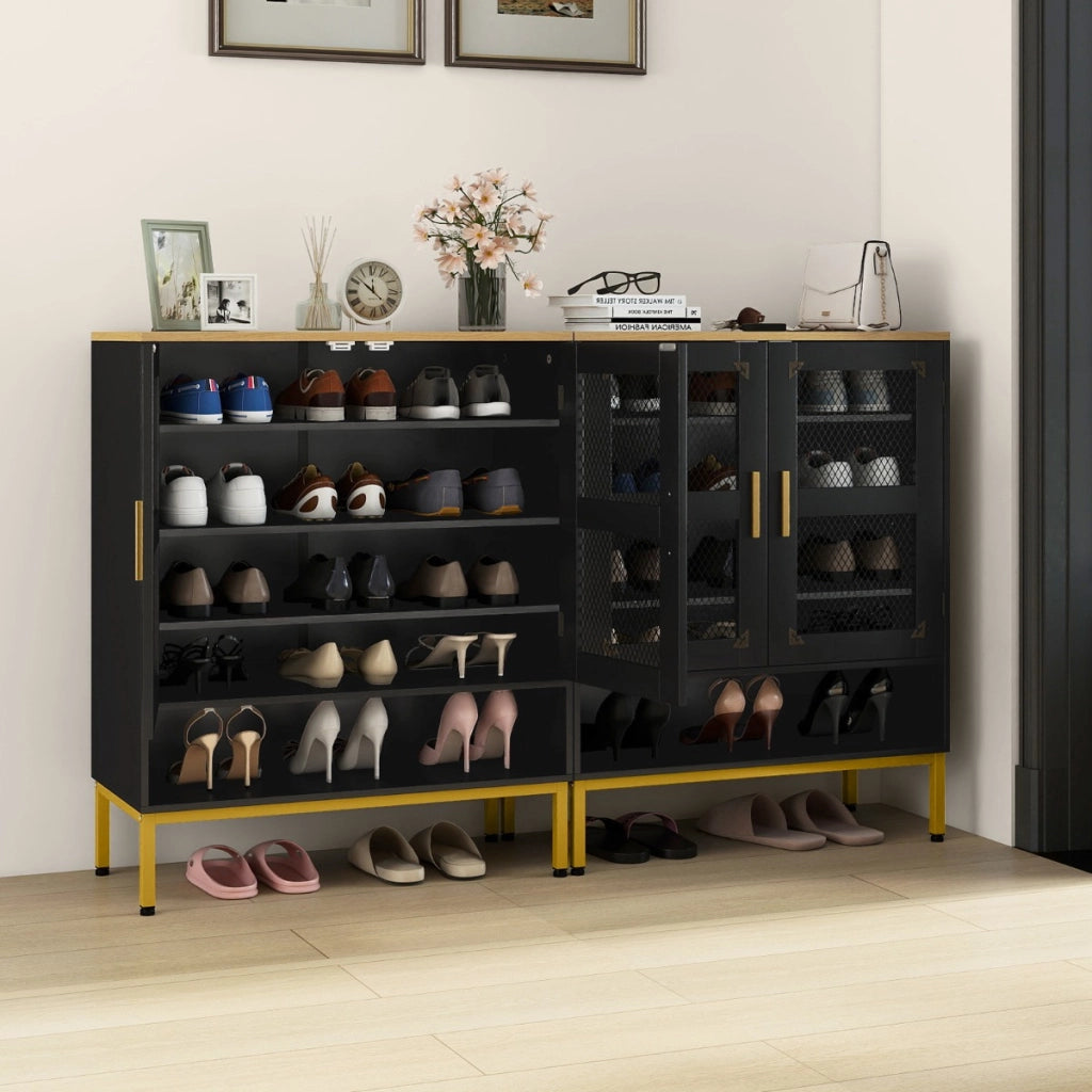Armadio porta scarpe in legno con mensole regolabili e gambe metallo, Armadio porta scarpe a 5 ripiani con ante rete Nero-Scarpiere