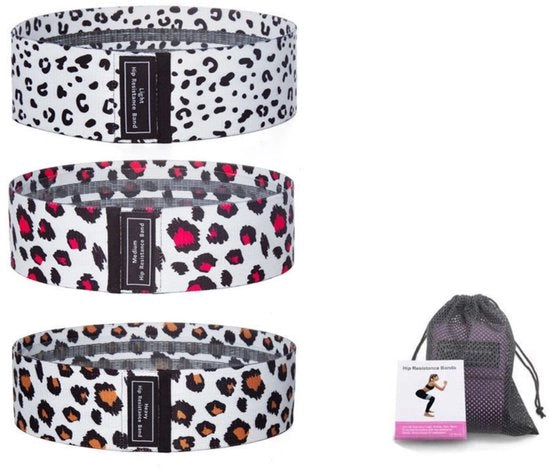 Elastici per allenamento - 3 pezzi - Inclusa borsa di trasporto - Cinture elastiche antiscivolo in tessuto - 3 livelli di resistenza - Cinture di resistenza in tessuto universali per allenamento, gambe, glutei, fitness, yoga