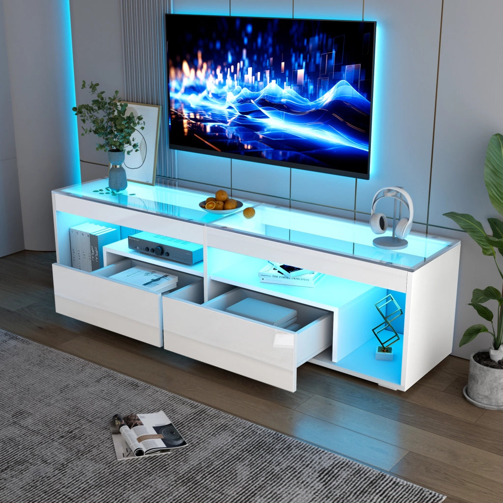 Mobile porta televisore bianco lucido con illuminazione regolabile e due cassetti capienti