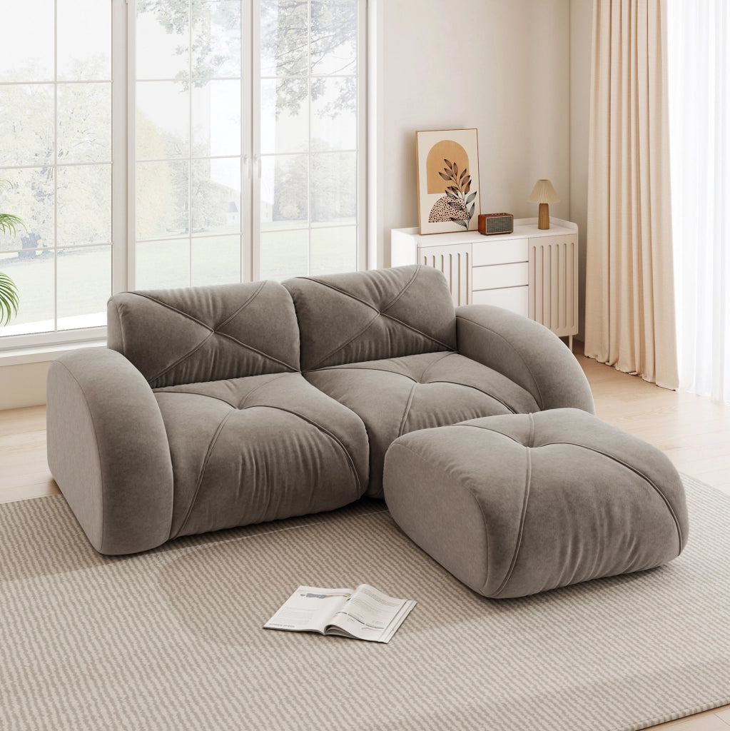 Divano modulare in ciniglia taupe; 204x171x76 cm; schiuma 32D