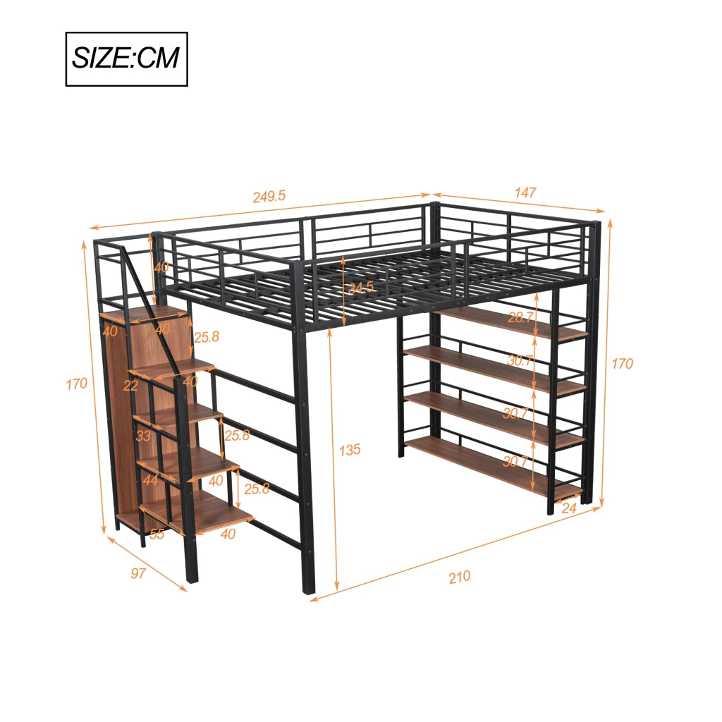 Letto a Soppalco 140 x 200 cm; Letto Singolo con Scala Contenitore; Mensole e Armadio; senza Materasso