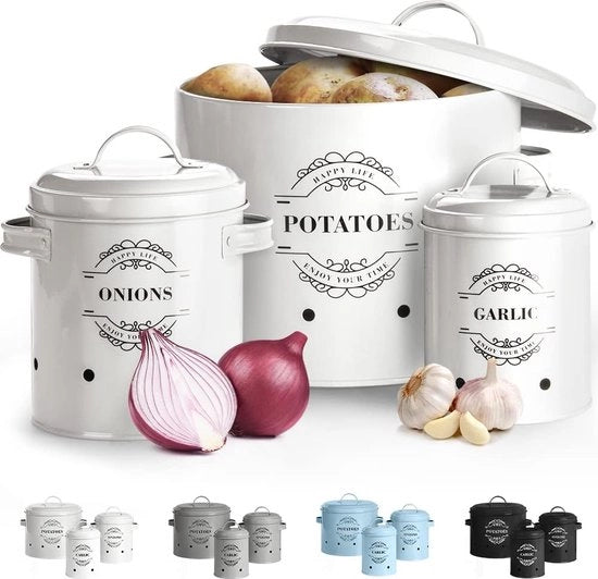Set di contenitori di stoccaggio ventilati per patate, cipolle e aglio, set da 3, combinazione perfetta di design di moda (con o2)