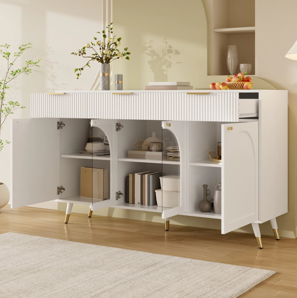 Credenza 4 ante e 3 cassetti con inserti in acrilico; bianca; 140x40x85;5 cm