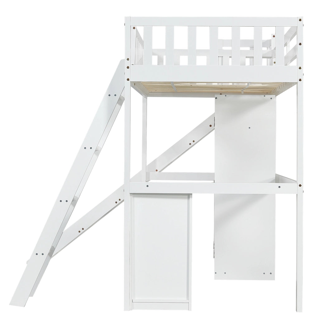 Letto a soppalco per bambini 90x200 cm bianco con scivolo, scrivania e armadio