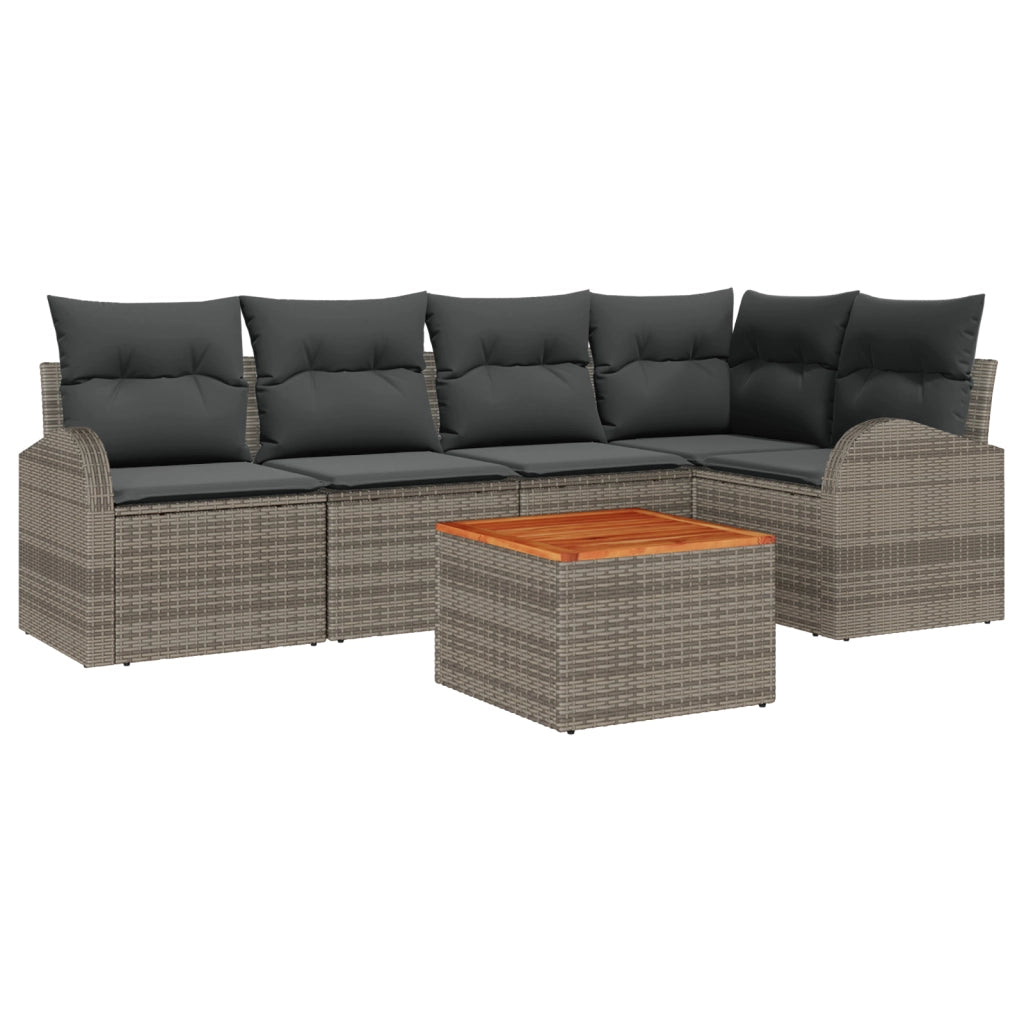 Set da divano da giardino  con cuscini grigi in polyrattan e acacia