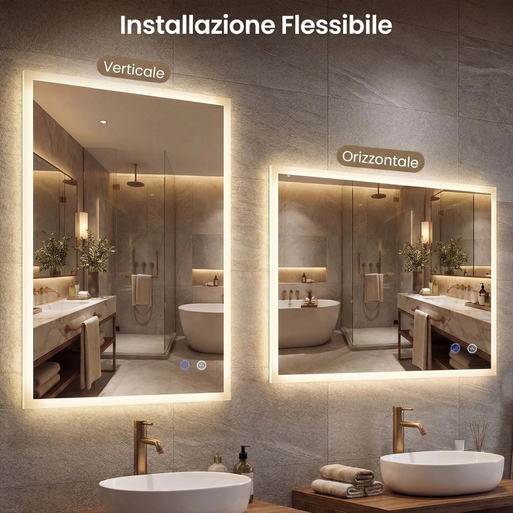 Specchio da Bagno LED 70 x 50 cm, Specchio da Parete Rettangolare con Anti-appannamento, Memoria, 3 Colori di Luce, Dimmerazione Continua e Vetro Temperato Infrangibile (70 x 50 x 3 cm)