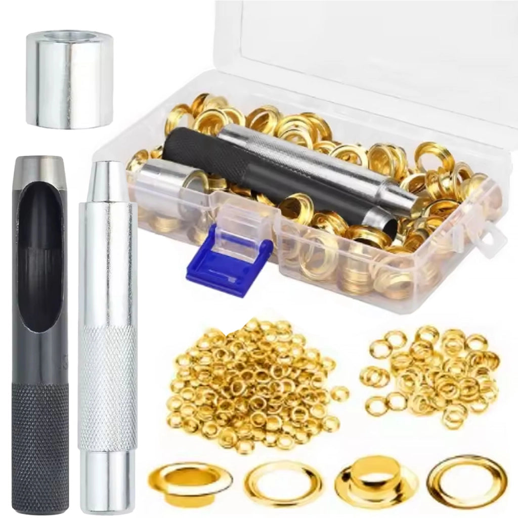 Set Occhielli FixTool GoldSet 12mm ProKit – 100 Pezzi in Metallo Dorato con Punzonatrice e Rivettatrice