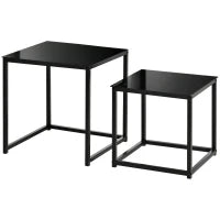 Set 2 Tavolini da Salotto Quadrati  Moderni, in Acciaio e Vetro Temperato, Nero