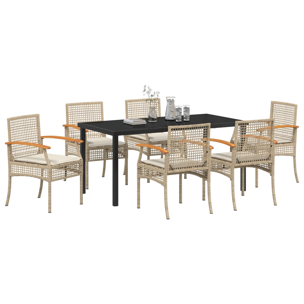 Set da Pranzo da Giardino 7 Pezzi con Cuscini Beige Rattan Polimerico