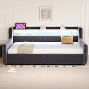 Divano letto imbottito 90x200 cm con contenitore e LED grigio