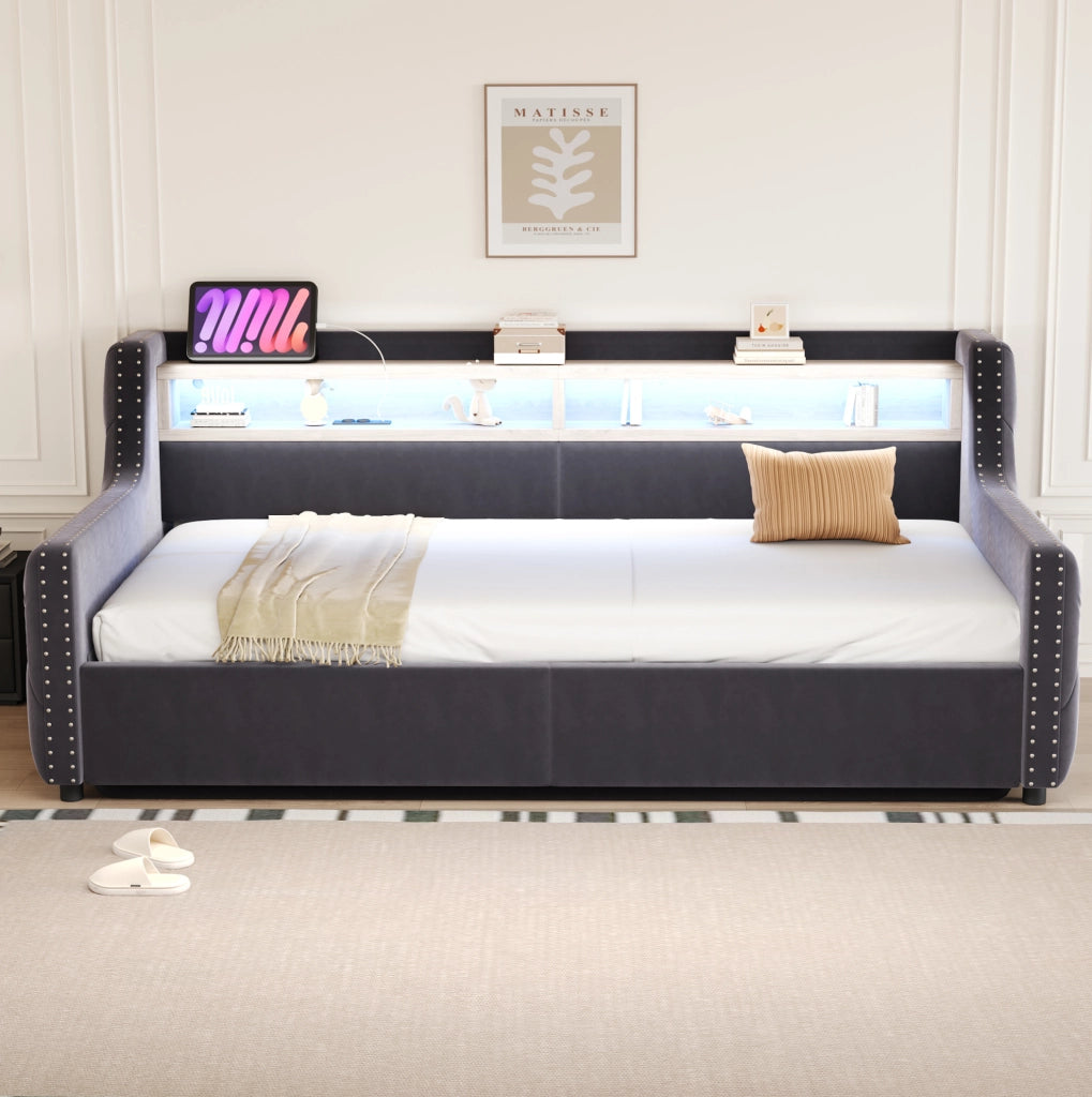 Divano letto imbottito 90x200 cm con contenitore e LED grigio