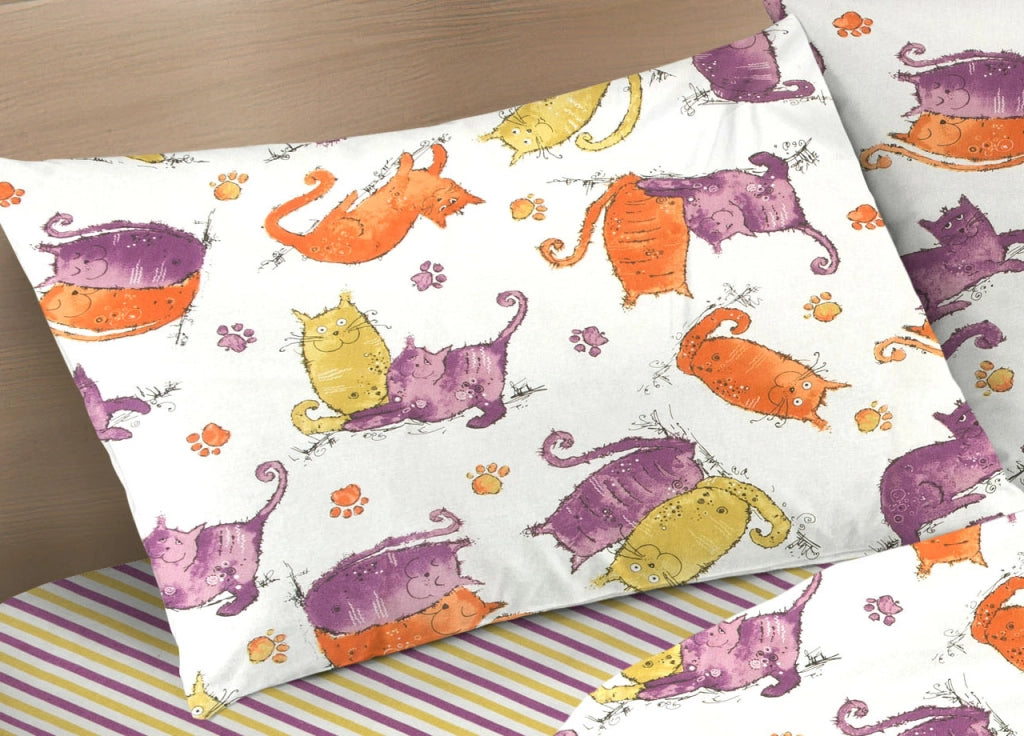 Completo Lenzuola Letto 100% Cotone Disegno Gatti Animali Micio Colorato Mod RP Made In Italy - 2 Piazze - Arancio