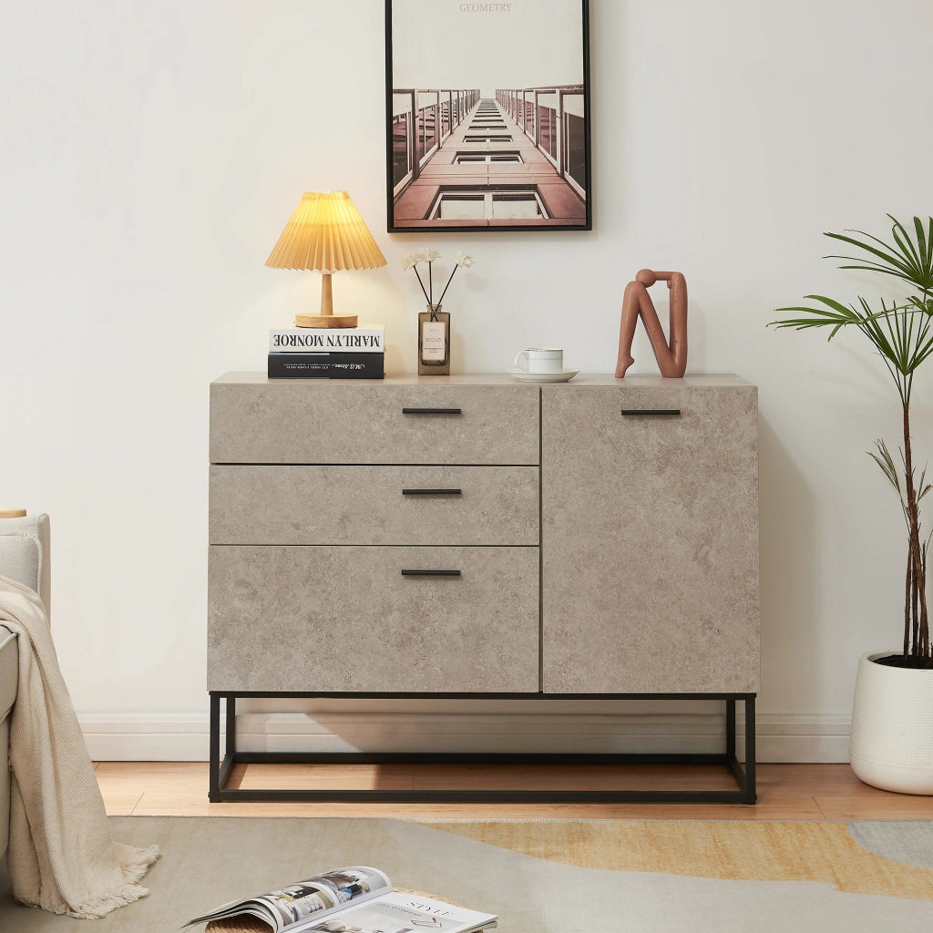 Comò Lavangen con Anta e 3 Cassetti 75 x 100 x 35 cm Nero / Effetto Cemento Chiaro [en.casa]