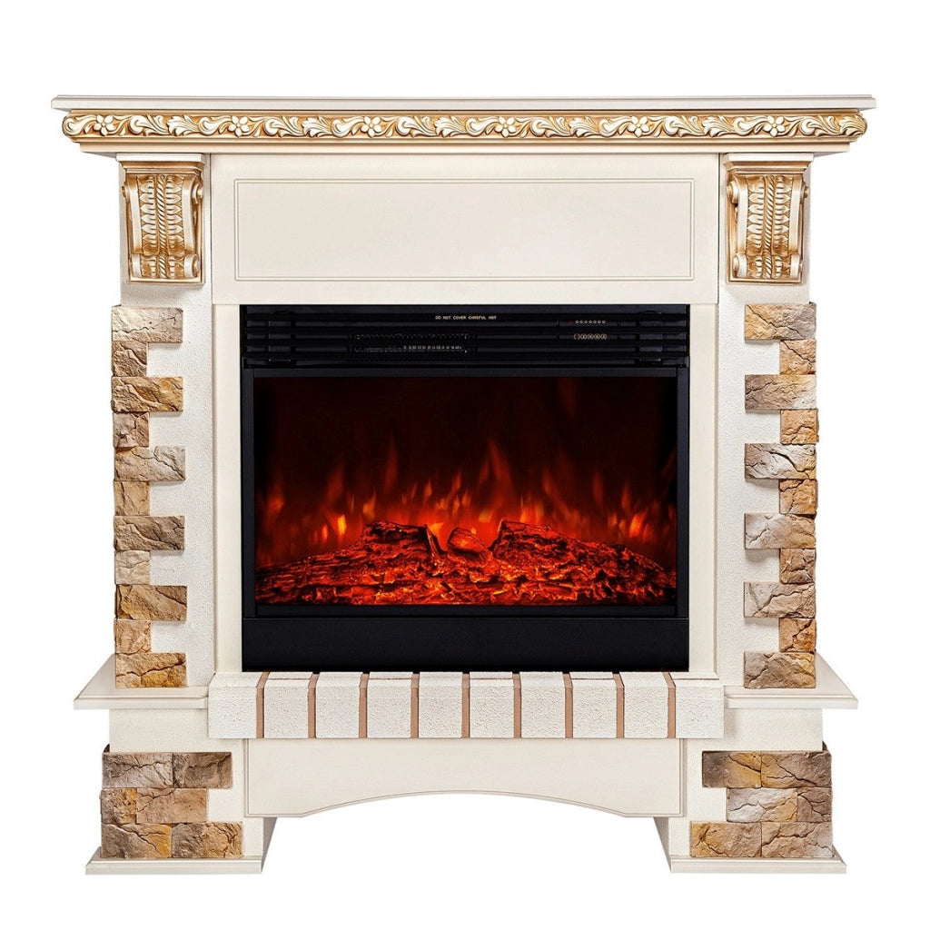 Camino Elettrico da Pavimento 118,1x123x40,3 cm Effetto Fiamma 1950W Topaz maxi & Mirabella Avorio