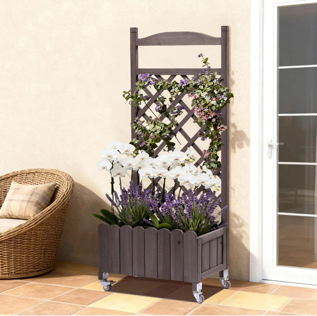 Fioriera in legno con grigliato e ruote, rialzata, resistente alle intemperie con fori di drenaggio, per giardino, balcone e terrazza, 49 x 28 x 116 cm – Marrone