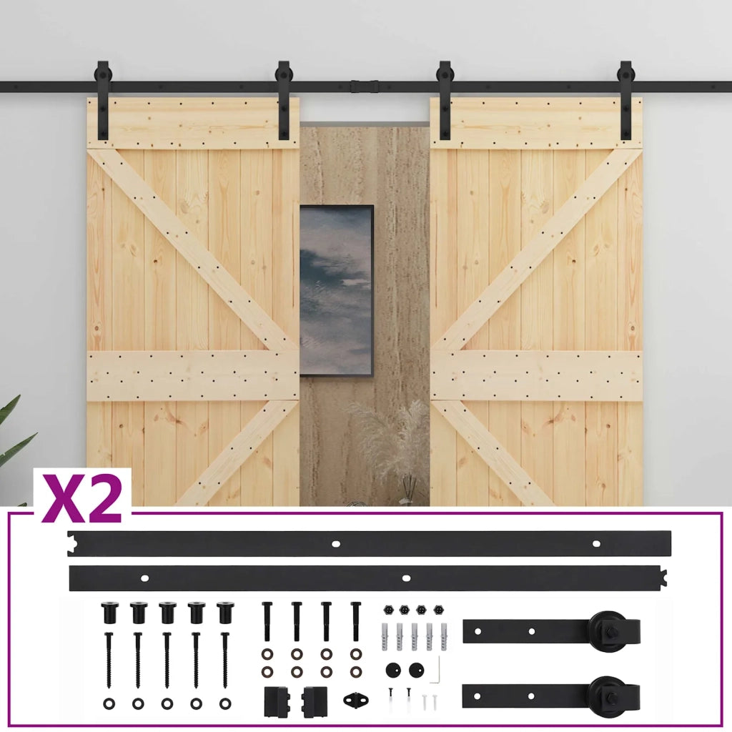Porta scorrevole 2 pcs Naturale e Nero Legno Massello di Pino 3444883