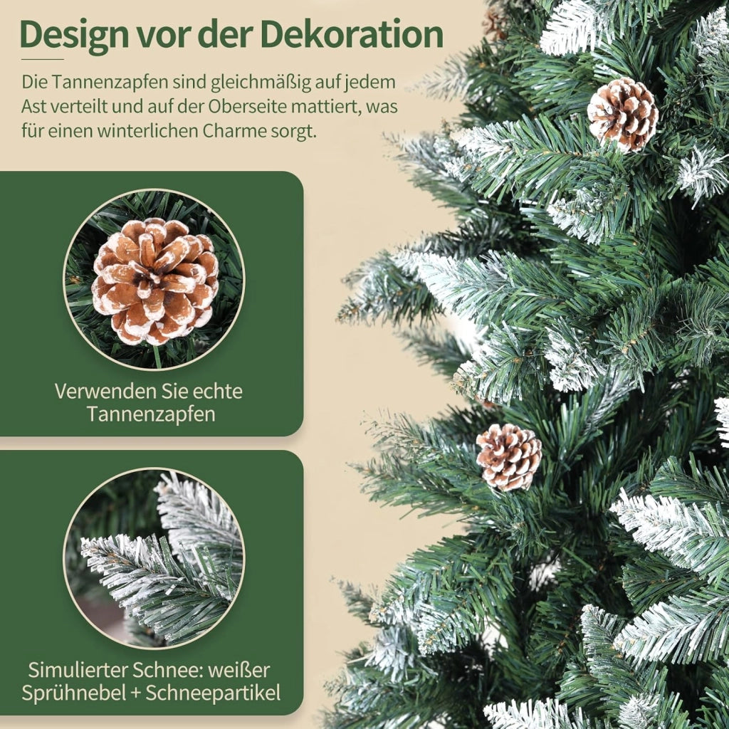Albero di Natale Innevato 180cm, Albero di Natale Artificiale con 32PCS Pigne, Super Folto, Effetto Realistico e Rami con Aghi Anticaduta, Supporto in Legno, 1092 Punte, Decorazione Natalizia