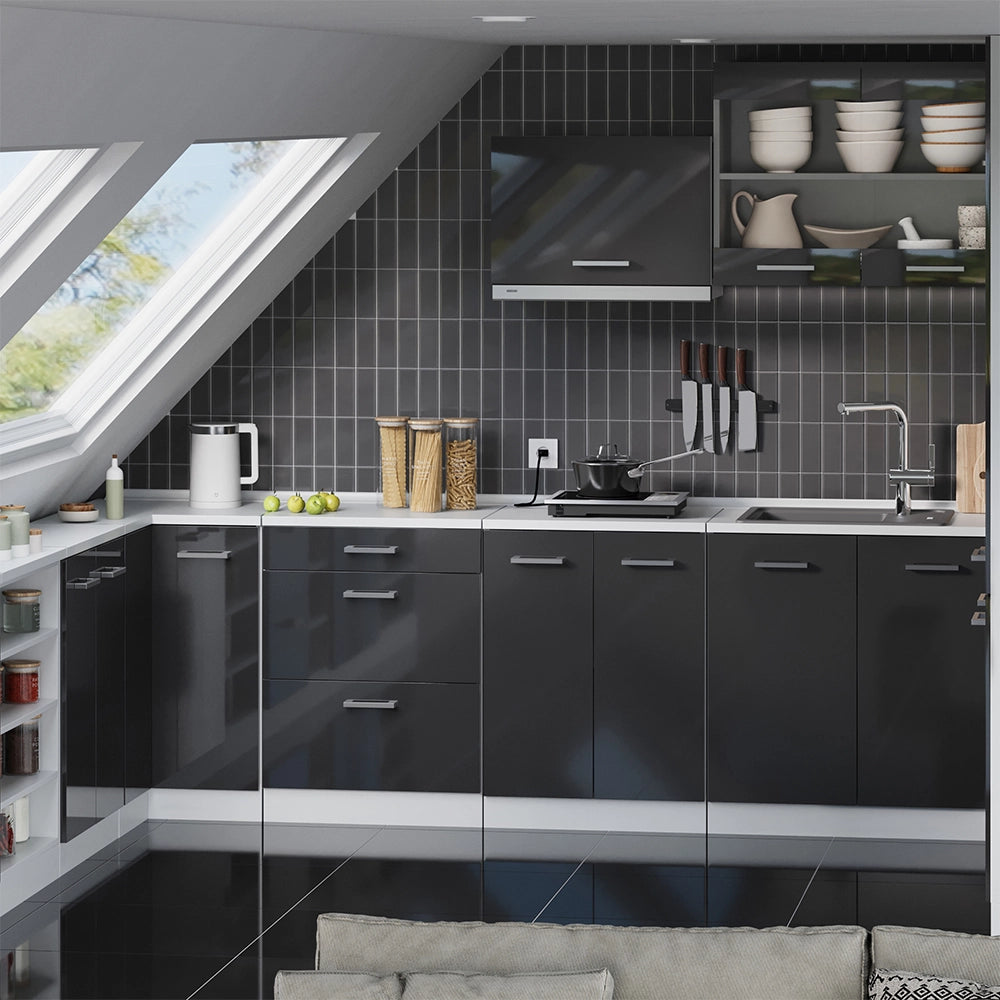 Mobile cucina sottotetto R-Line Antracite lucido/Bianco 60 cm senza inclinazione con 2 ante Vicco