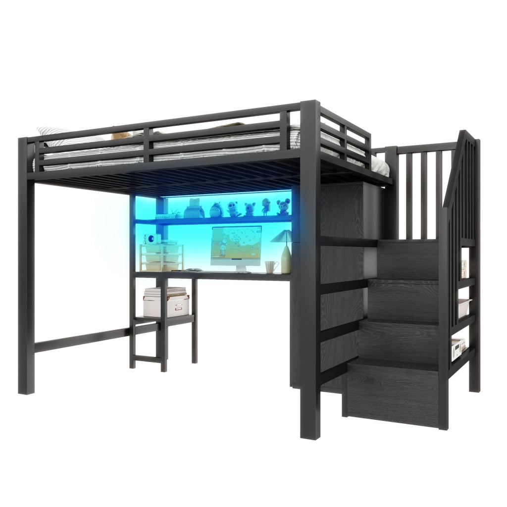 Letto a castello nero in metallo e MDF con scrivania scaffale armadio e scala portaoggetti 140x200 cm