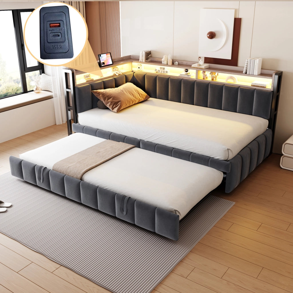 DESMIU Divano letto 90 × 200 cm 1 posto con LED regolabile, USB e Type-C, senza materasso, in velluto grigio